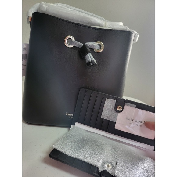 Kate Spade Black Saffiano Leather Bucket Bag and Slim Wallet Set K4378 NEW - Picture 4 of 9